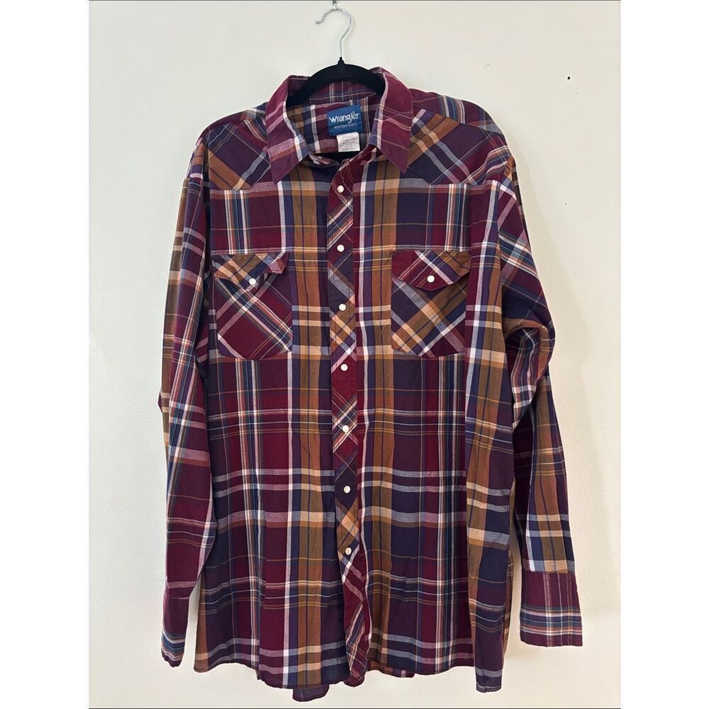 Wrangler Burgundy Plaid Western Mother of Pearl Snap Button-Up Shirt Size 2XL